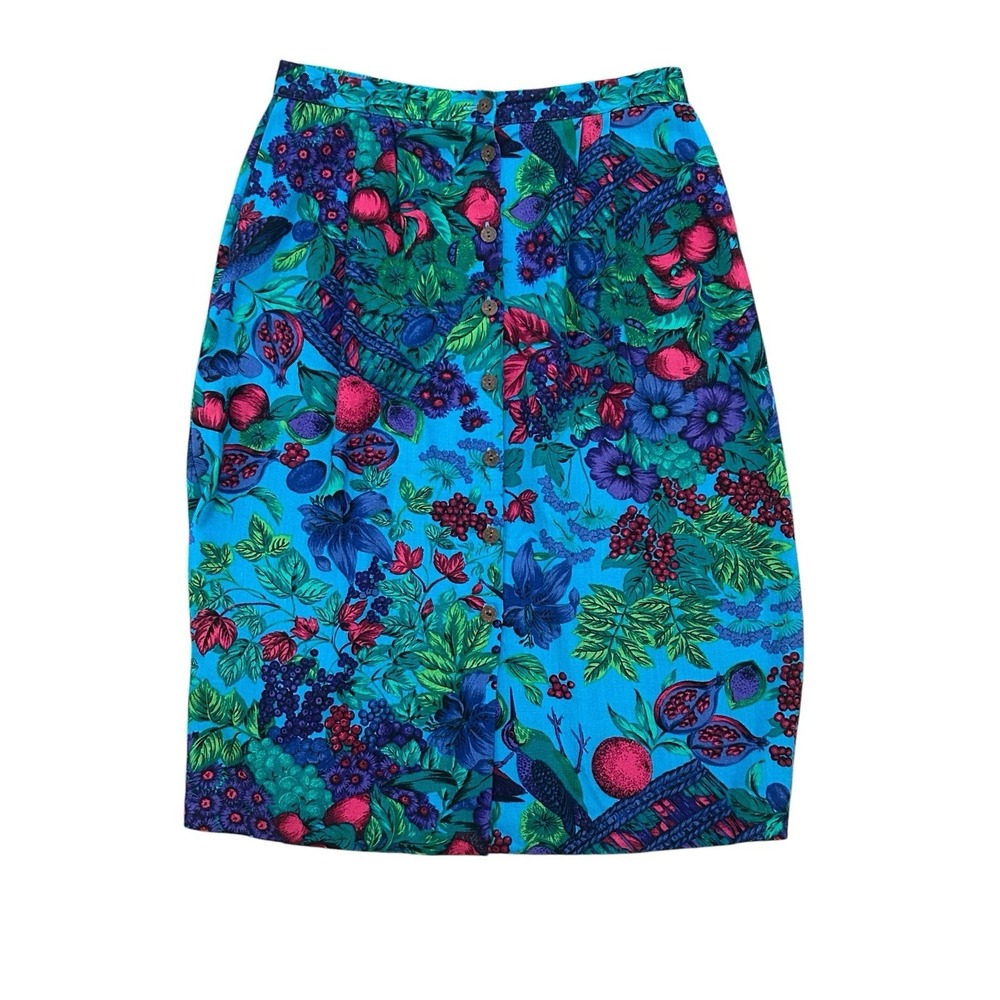 Vintage Lucia Midi Skirt Size 12 Blue Fruit Floral Button Up Grandmacore Retro